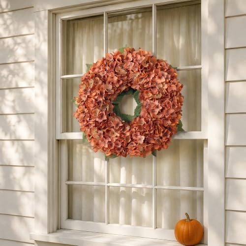 21" Artificial Fall Hydrangea Flower Wreath for Front Door Decor(Orange) - Image 4