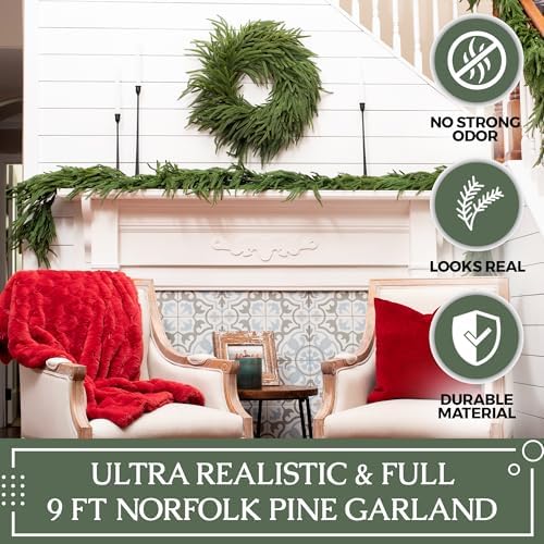 Extra Full 9 ft Real Touch Norfolk Pine Garland Realistic 9ft, Christmas Garland for Mantle, Soft and Bendable Real Touch Garland Christmas Greenery, Evergreen Christmas Garlands for Fireplace, Stairs - Image 5