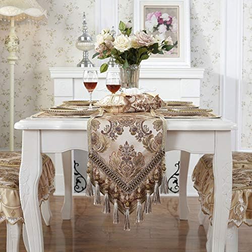 vctops Vintage Luxury Jacquard Damask Floral Table Runners Tea Table Decoration with Multi-Tassels 13"x77" Beige by vctops
