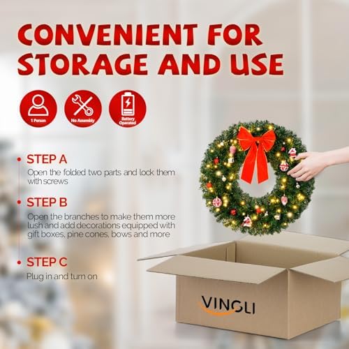 VINGLI 30 Inch Christmas Wreath Prelit Front Door Battery LED Decor - Image 4