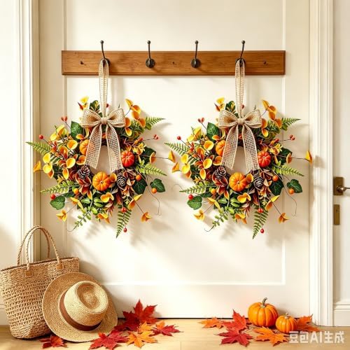 6 PCS Mini Fall Wreaths for Kitchen Cabinets Small Fall Hanging Wreath with Pumpkins Pinecones Berries Eucalyptus Thanksgiving Wreath for Front Door Window Cabinet Farmhouse Decor - Image 5
