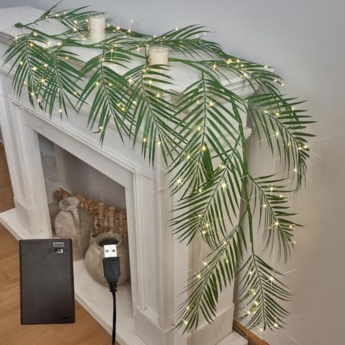 LITBLOOM Lighted Palm Garland with Timer 6FT 120 LED Fairy Lights, Greenery Garland Battery Operated or USB Plug in for Summer Fireplace Mantle Decoration Inside by LITBLOOM