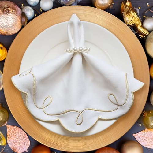 16.5 Inch Ribbon Twirl Embroidery Round Placemats Set of 4, Scalloped Round Table Mats for Party Kitchen Dining Decoration, Gold - Image 3