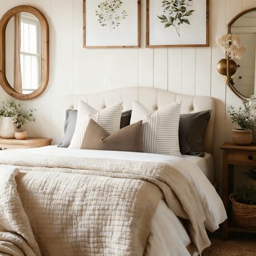 YCOLL Farmhouse Euro Sham Pillow Covers 24x24, Modern Throw Pillow Covers Set of 2, Khaki and Beige Striped Patchwork Linen Decorative Pillows Cushion Covers for Bed Sofa Couch Living Room Home Decor - Image 5