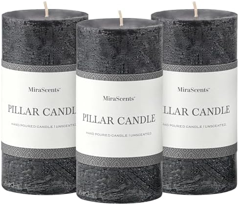 3x6 Inch Black Pillar Candles Set of 3 - Hand-Poured Unscented Candles, Long Clean Burning, Large Big Candle, Smokeless Dripless Candle for Dinner Table, Wedding, Home, Bathroom, Gothic Decor by MiraScents