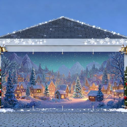 Christmas Garage Door Banner 7x16FT Winter Village Scene, Large Snowy Town Garage Door Cover, Outdoor Xmas Decoration Backdrop for Yard, Driveway & Holiday Parties - Image 2