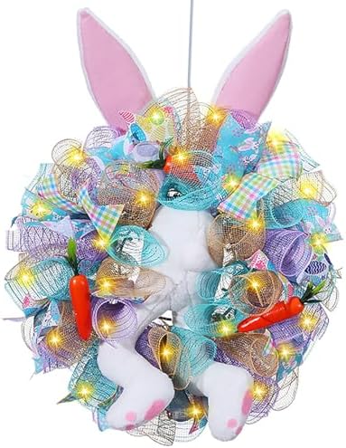 Easter Wreaths for Front Door with Lights,Easter Door Wreath,Easter Mesh Wreath,Bunny Spring Colorful Easter Decorations Holiday Ornament for Home Indoor Outdoor Supplies (Blue Bunny Butt) by YOUDRN
