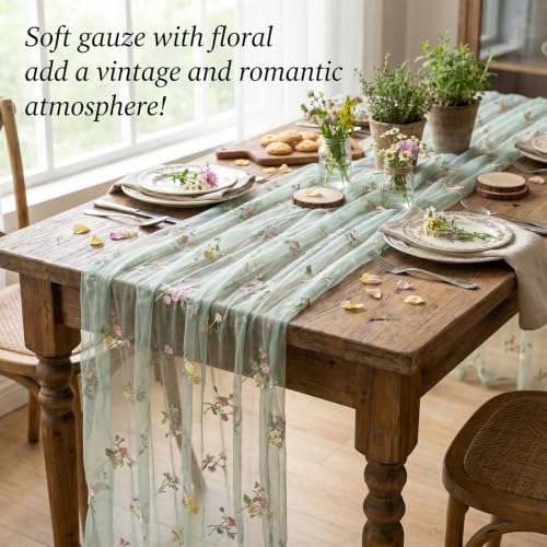3 Pcs Wildflower Table Runner 118 x 27.5 Inches Spring Summer Floral Tulle Runner for Wedding Party Dining Decor, Light Pink White Sage Green Polyester Lace Runner - Image 4