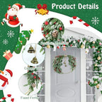 Christmas Wreath Decoration Norfolk Pine Wreath for Front Door 13.8" Artificial Pine Greenery Decor with Pinecones Red Berries Eucalyptus Leaves Bells for Xmas Winter Holiday Party Home Walls Decor - Image 3