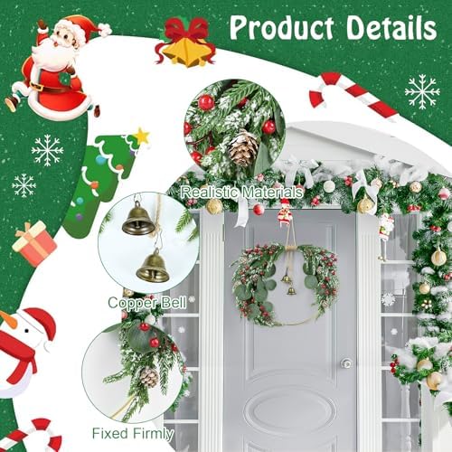 Christmas Wreath Decoration Norfolk Pine Wreath for Front Door 13.8" Artificial Pine Greenery Decor with Pinecones Red Berries Eucalyptus Leaves Bells for Xmas Winter Holiday Party Home Walls Decor - Image 3