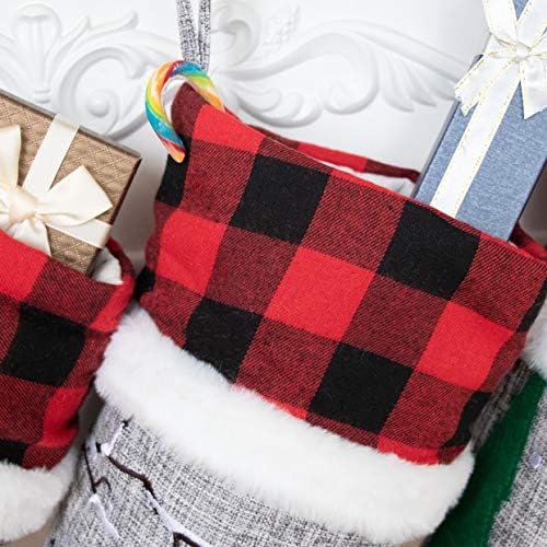 Set of 4 Christmas Stockings Gray Burlap Buffalo Red Plaid Soft Faux Fur 20 Inches Lovely Embroidery Pattern for Family Decorations Hanging Ornament for Xmas Holiday Party - Image 2