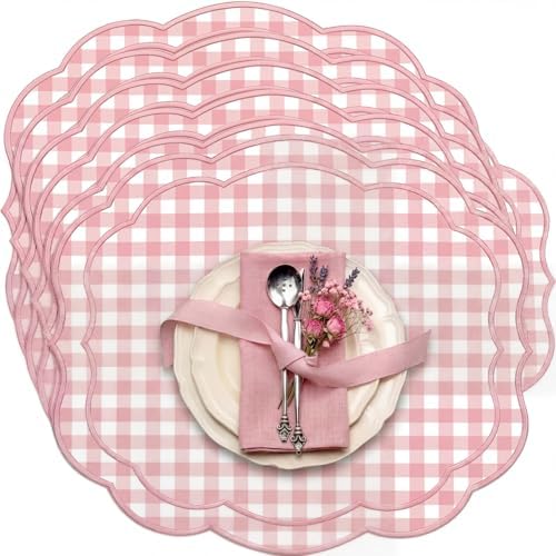 Breling 6 Set Gingham Placemat 17" x 13" Cotton Linen Placemat, Pink by Breling