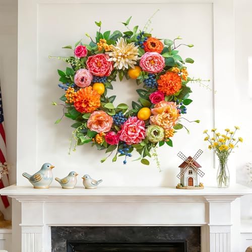 Spring Wreaths for Front Door Outside,24 Inch Summer Wreath with Peony, Dahlia, Hydrangea, Faux Lemons, Berries and Greenery, Colorful Spring Door Wreath for Outdoor Decor - Image 5