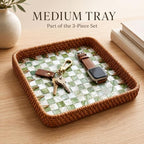 Handwoven Rattan Tray Set of 3 with Mother of Pearl Green Check Inlay - Image 6