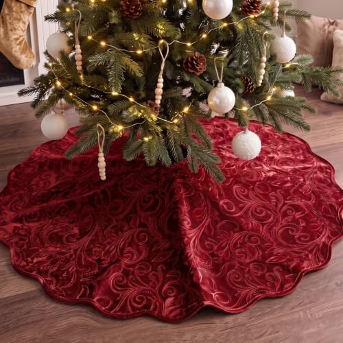 Velvet Christmas Tree Skirt Decor, 48 Inches, Scalloped Edge, Red by Vertintong