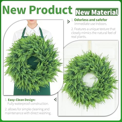 24'' Artificial Fern Wreath for Front Door, Large Greenery Wreath for Outdoor Indoor Wall, Porch, Farmhouse, and Home Décor – Spring Summer All Seasons (1, 24 Inch) - Image 2
