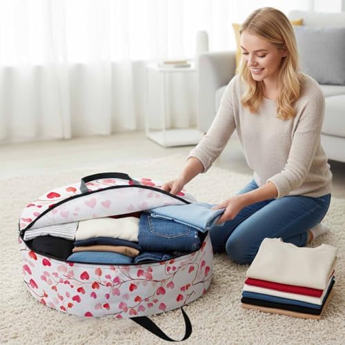 Valentine's Day Round Storage Bag 36 Inch, Romantic Watercolor Red Gradient Love Heart Tree Clothes Storage Container with Handles Heavy Duty Organizer for Comforter, Bedding & Holiday Wreaths - Image 3