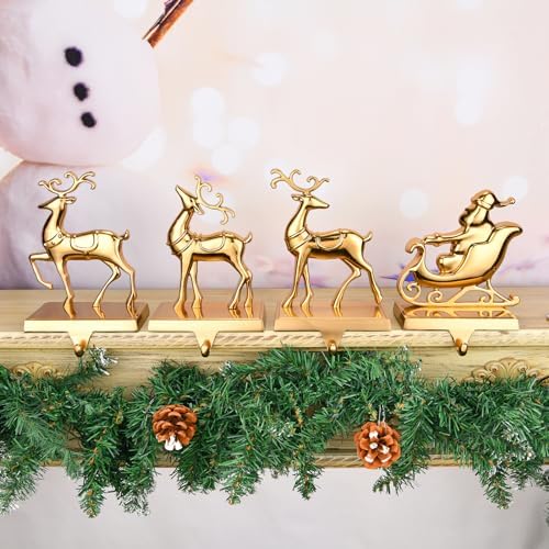 Antique Gold Reindeer & Sleigh Stocking Holder Set for Mantle Set of 4,Deer Stocking Hangers for Firepiece,Christmas Decorations Mantel Hanger for Stocking/Garland (Retro Gold) - Image 6