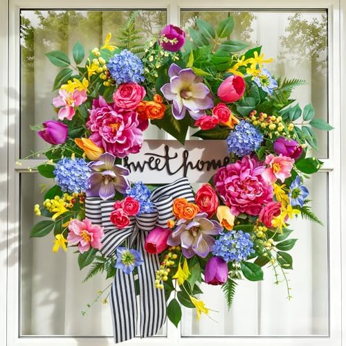 Pinkpuii Spring Wreaths for Front Door Outside– 24 Inch Spring Door Wreath with Pink Peonies, Roses,Blue Hydrangeas&Yellow Tulips,Colorful Welcome Summer Wreaths for Front Door Porch & Entryway Decor - Image 6