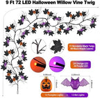 9FT 72 LED Halloween Willow Vine Twig Decor Black Halloween Garland with Pumpkin Bat Orange & Purple Light, 8 Modes Waterproof Battery Operated Halloween Lights Indoor Halloween Decorations Wall Table - Image 2