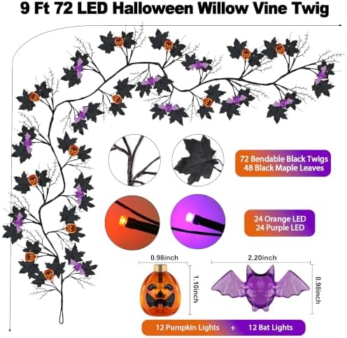 9FT 72 LED Halloween Willow Vine Twig Decor Black Halloween Garland with Pumpkin Bat Orange & Purple Light, 8 Modes Waterproof Battery Operated Halloween Lights Indoor Halloween Decorations Wall Table - Image 2
