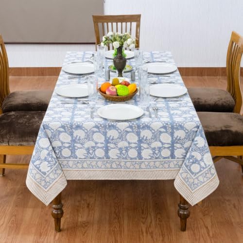 48x102 Inches Rectangle Hand Block Print Tablecloth, 100% Cotton, Moonstone Blue Floral Table Cloths Washable, Traditional Indian For Dining Outdoor Thanksgiving Halloween Christmas - Image 4