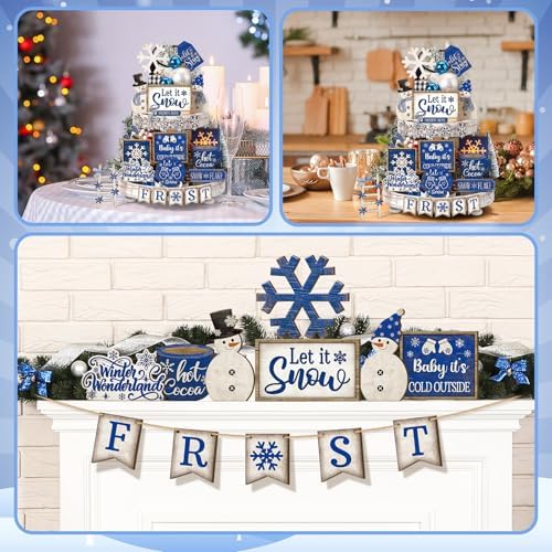 Nuogo 24 Pcs Winter Tiered Tray Decorations Set and 2 Tiered Tray Stand with Handle Winter Table Decoration Tabletop Snowman Snowflake Decorations for Home Farmhouse Hot Cocoa - Image 4