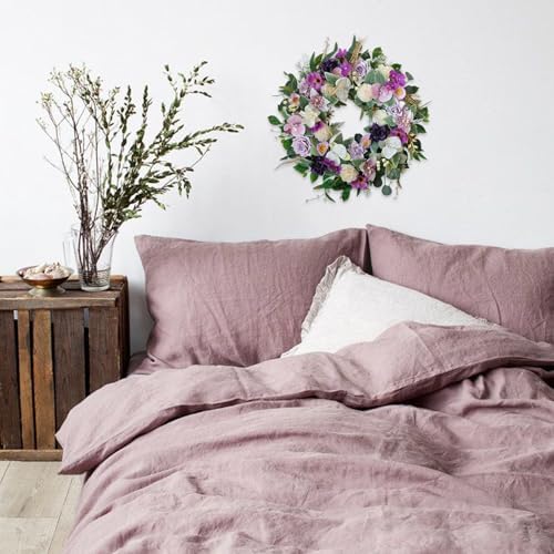 22" Artificial Flower Wreath Spring/Summer Floral Wreaths for Front Door with Roses Orchid Gardenia Dahlia Full and Elegant Decor for Inside Outside Wall Window Festival Party Wedding （White Purple） - Image 6