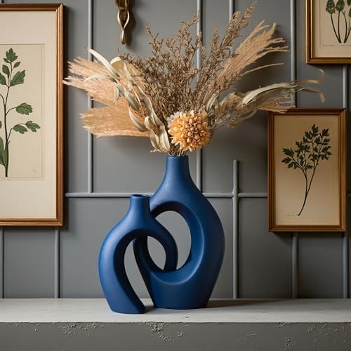 Levvohd Snuggle Hollow Ceramic Vase Set of 2, 11 inch Modern Nordic Coastal Shaped Pampas Grass Aesthetic Decorative Table Vases for Living Room Shelf Home Decor (Matte Navy Blue -L) - Image 5