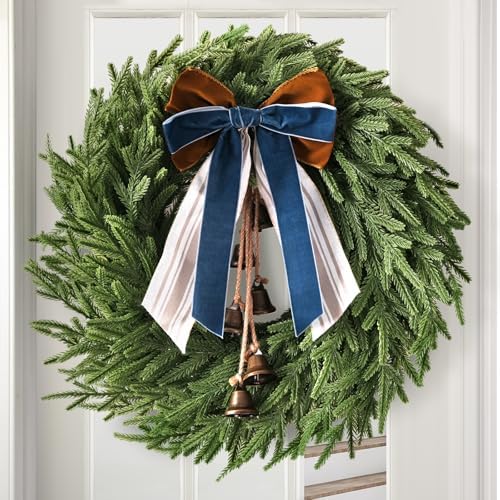 Christmas Decor, 22" Norfolk Pine Christmas Wreath with Bells and Ribbon by Zesua