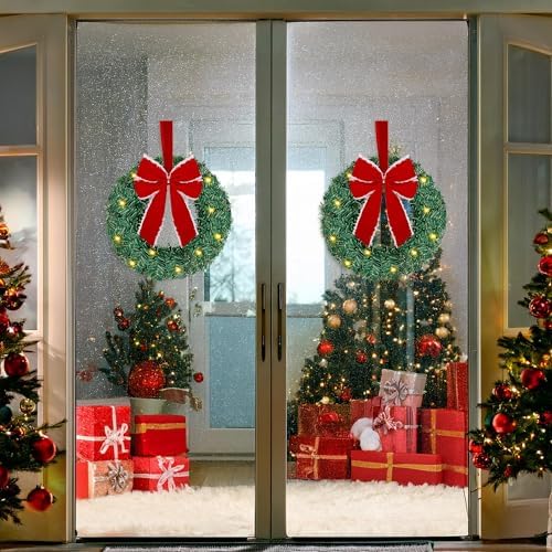 ATDAWN 3 Pack Mini Christmas Wreath, Lighted Christmas Front Door Wreath, Xmas Wreath for Holiday Christmas Party Decorations (Red Bow) - Image 7