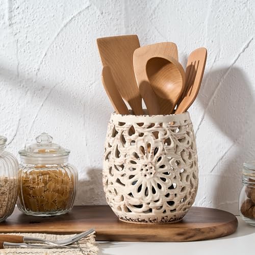 Farmhouse Kitchen Utensil Holder for Kitchen Counter, Ceramic Large Cooking Utensil Crock with Cork Mat, Countertop Cooking Tool Spatula Organizer, Beige Antique Design - Image 2