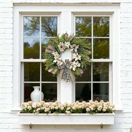 24 Inch Artificial Magnolia Wreath for Front Door – Farmhouse Boxwood Greenery Wreath with Buffalo Plaid Bow, Year-Round Rustic Home Wall Decor for Porch, Entryway, Living Room - Image 7