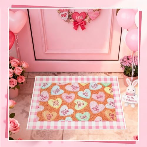 Dunzy 2 Pcs Valentine's Day Doormats Conversation Heart Layered Front Door Mats Non Slip Floor Coir Rugs Layered Pink Buffalo Plaid Doormats for Porch Entryway Indoor Outdoor Home Decor - Image 2