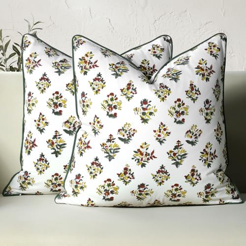 CPC Fall Green Block Print Throw Pillow Covers 18x18 Inch, Set of 2 by COTTONPRINTCLUB