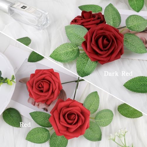 AmyHomie Red Rose 100pcs Real Looking Artificial Flowers w/Stem - Image 2