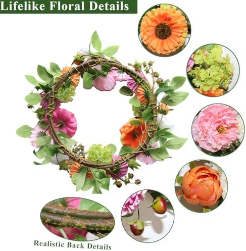 18 Inch Summer Wreaths for Front Door, Colorful Spring Summer Floral Wreath with Peony, Hydrangea and Greenery, Premium Artificial Wreath for Porch Wall Entryway Farmhouse Home Decor - Image 2