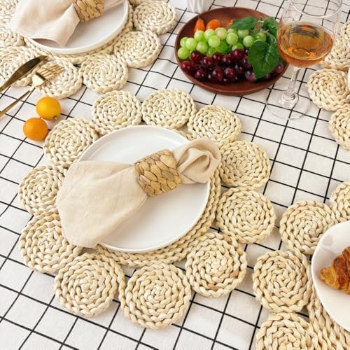 IcosaMro 13.8" Boho Placemats Set of 6 Round Woven Placemats Natural Table Place Mats for Dinning Table Indoor & Outdoor Wicker Wicker Charger Plates for Wedding Christmas Thanksgiving Events - Image 3