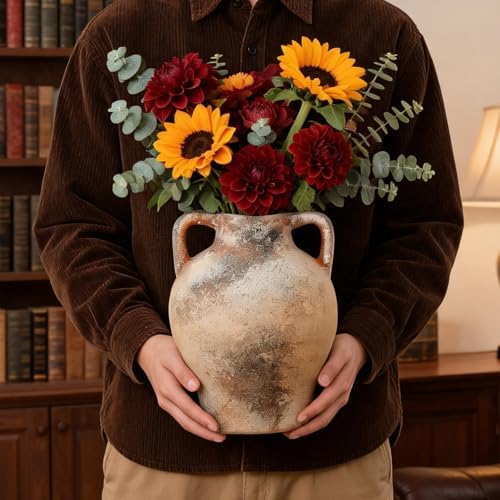 Ceramic Flower Vase, 8.7" Rustic Farmhouse Table Vase, Decorative Pottery Vase with Glazed Interior for Fresh Flowers, Eucalyptus, Entryway, Kitchen, Shelf and Bedroom Decor - Image 4