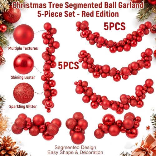 Silipull 5 Pcs 2.3 ft Large Christmas Ball Garland Ornaments, Red - Image 2