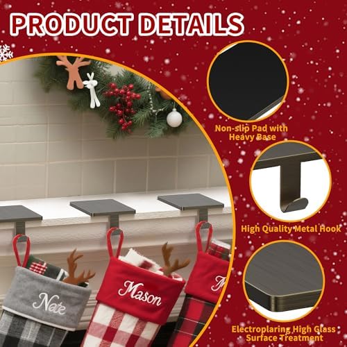 GloTika Christmas Stocking Holders for Mantle Set of 4, Heavy Duty Stocking Holder Hooks for Fireplace Tabletop Shelf Christmas Ornaments, Cast Iron Stocking Hangers Base, Bronze - Image 4