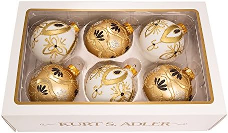 Kurt S. Adler 80MM Glass Gold and White Deco Ornament Set, 6 Piece Set by KurtSAdler