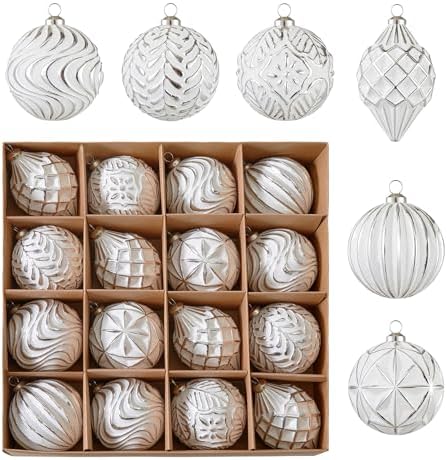 16Pcs Vintage Rustic Christmas Ball Ornaments - Large Shatterproof Neutral Christmas Ornaments Set Farmhouse Christmas Decor for Xmas Tree Home Party Holiday (White) by Unknown