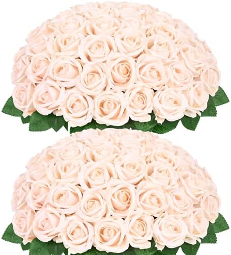 50Pcs Champagne Roses Artificial Flowers Real Touch Velvet Roses Bouquet by BLEUMCADE