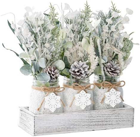 Winter Centerpieces for Tables, Table Decor with Mason Jar, Flowers Picks, Farmhouse Wood Tray, Snowflake Sign, 22 Pcs Christmas Winter White Wonderland Table Decorations Centerpieces for Home by KIVIVO