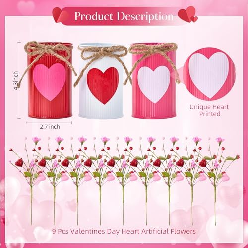 Valentines Day Centerpieces for Tables, Valentines Table Decor with 3 Printed Heart Metal Vases, Heart Artificial Flowers, 12 Pcs Valentine's Day Table Decorations Indoor for Home, Kitchen - Image 3