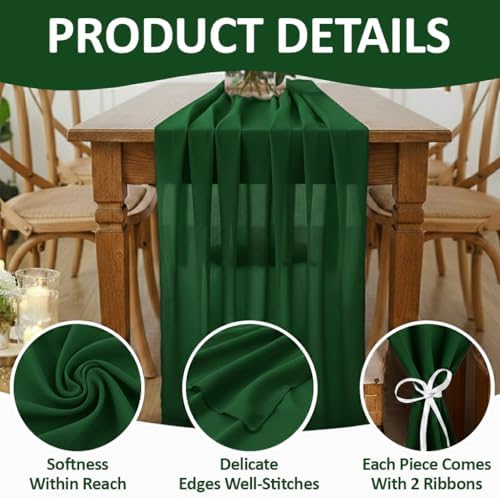 MDS Pack of 25 | Hunter Green | 14ft Chiffon Table Runner 29x170 Inches Long Romantic Rustic Sheer Gauze Runner for Wedding Bridal Shower Birthday Banquets Engagement Spring Easter Boho Decorations - Image 5
