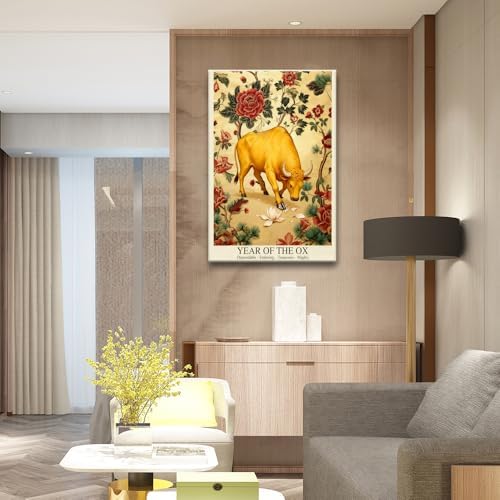 Chinese Lunar Year of the Ox Art Print – Oriental Zodiac Wall Decor with Red Peony Pattern for Home Office and Apartment Aesthetic Family Wall Decor Prints Canvas Wall Art 12X18 in Black Framed - Image 7