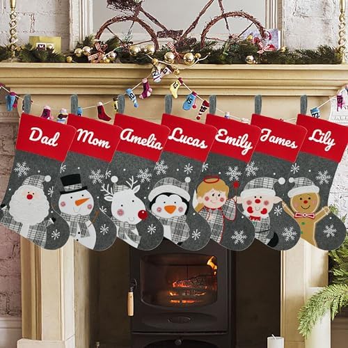 Set of 7, 18" Dia Personalized Gray Christmas Stockings with Embroidery Names, with Holders,Quality Thick Fleece Material Stockings for Family Décor(Set of 7-B) - Image 4