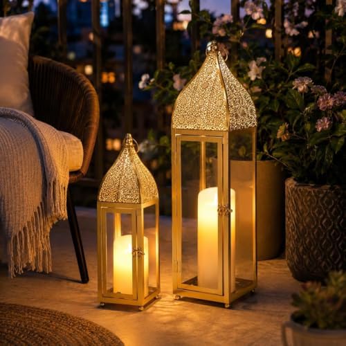 TRIROCKS 2-Pack Moroccan Candle Lanterns 22'' H Metal Candle Holder with Tempered Glass for Wedding Patio Farmhouse Ramadan Christmas Home Decor (Gold) - Image 3
